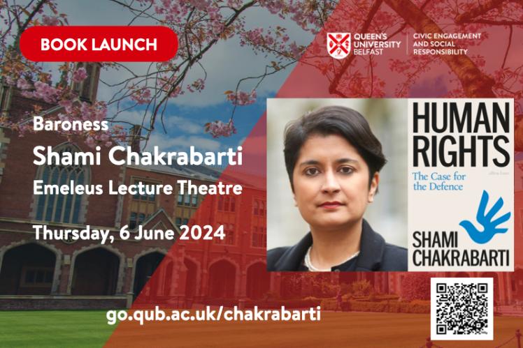 Poster for Shami Chakrabarty's book launch, with image of blossoming trees in Quad